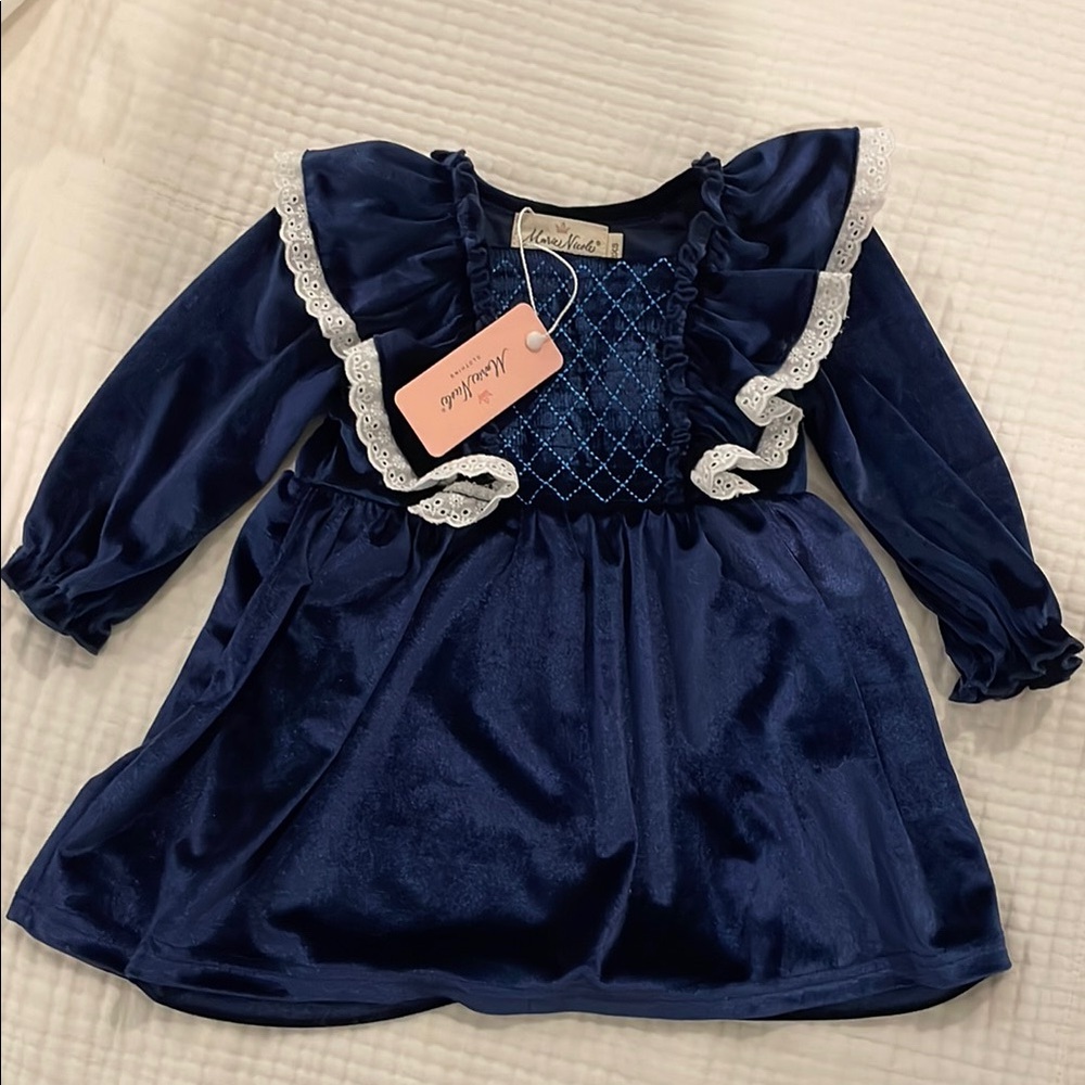 NWT Marie Nicole Holiday Velvet Blue Dress with Lace Trim 9-12 months
